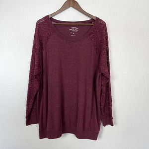 Torrid Womens Top Size 3X Super Soft Plush Burgundy Lace Long Sleeves Crewneck